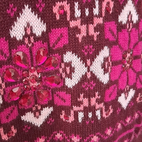 Talbots Pink Lambswool Womens Fair isle knit Crew Neck Beaded crystal sweater M - Picture 13 of 16